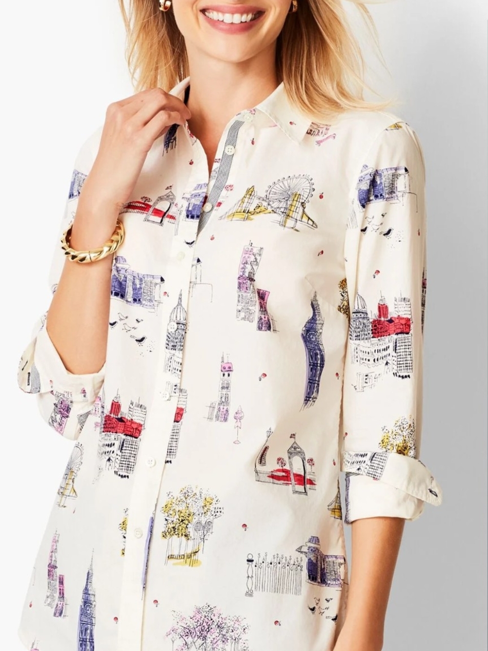 Anglophile Cream Cityscape Print Button-Up Shirt Big Ben London Eye Toile